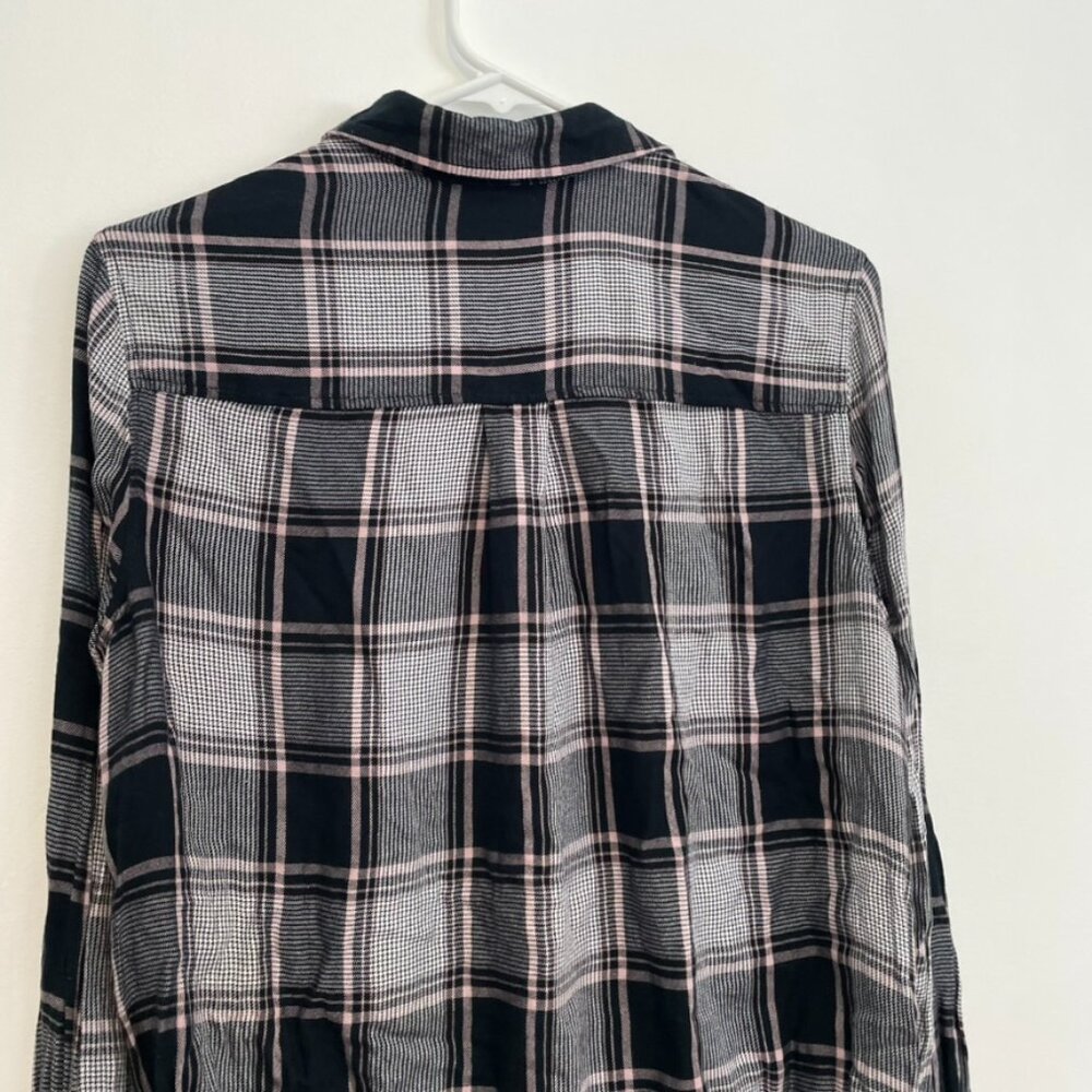 EXPRESS Patch Pocket Plaid Boyfriend Shirt Black White Flannel Button Down Tunic - Picture 13 of 16